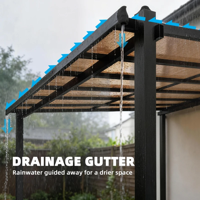 Outsunny 3.6 x 3 m Lean to Garden Pergola with PC Roof, Aluminium Frame Hardtop Gazebo Pergola with Drainage Gutters, Dark Grey