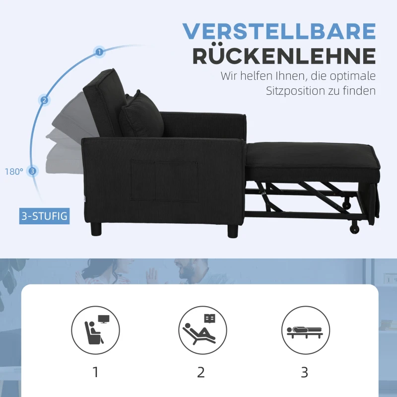 HOMCOM Slaapfauteuil, 3 standen verstelbare, Corduroy bekleding, tot 120 kg, Zwart(m-5)