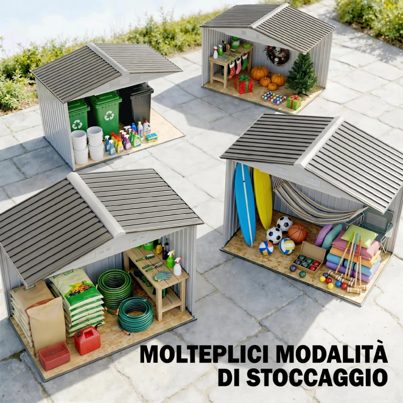 Outsunny Casetta Porta Utensili in Acciaio, Capanno da Giardino con Porte Scorrevoli, 213x130x185 cm, Bianco