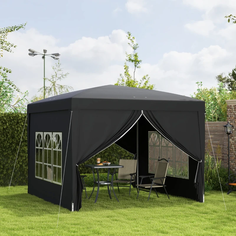 Outsunny 3 x 3 m Pavillon mit 4 Seitenwänden, Fenster, Festzelt mit UV-Schutz, Gartenzelt inkl. Tragetasche, Stahl, Schwarz