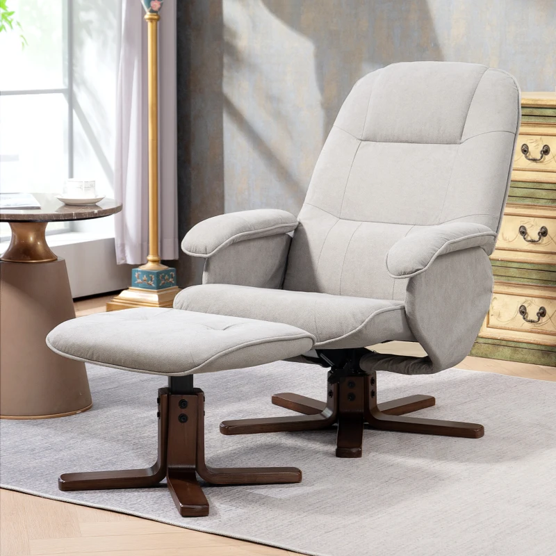 HOMCOM Linen Swivel Recliner Chair with Footstool, Upholstered Reclining Armchair with Wooden Base for Living Room, Light Grey
