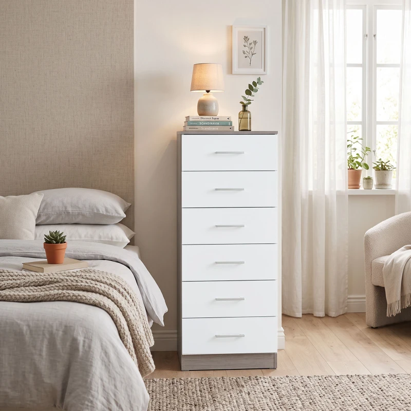 HOMCOM Comodă cu 6 sertare Comodă înaltă pentru dormitor cu sistem anti-răsturnare 40x40x110 cm Gri deschis și Alb