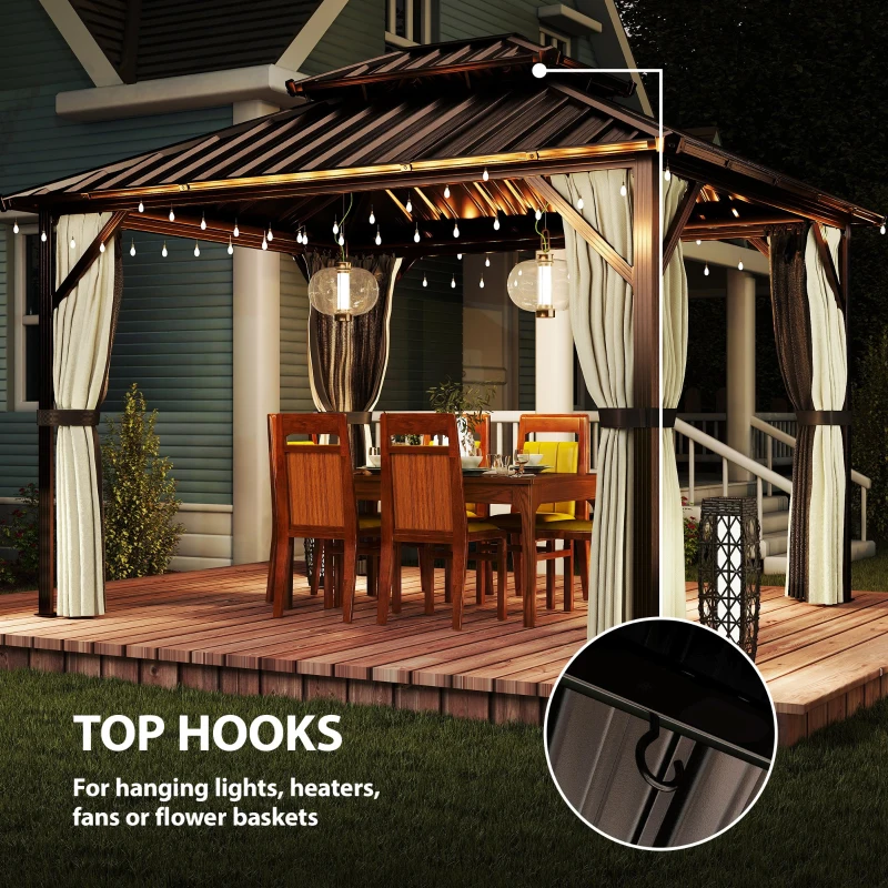 Outsunny 3x3.6 m Hardtop Gazebo Canopy with UPF50+ Double Galvanised Steel Roof, Aluminium Garden Gazebo Permanent Pavilion, Brown