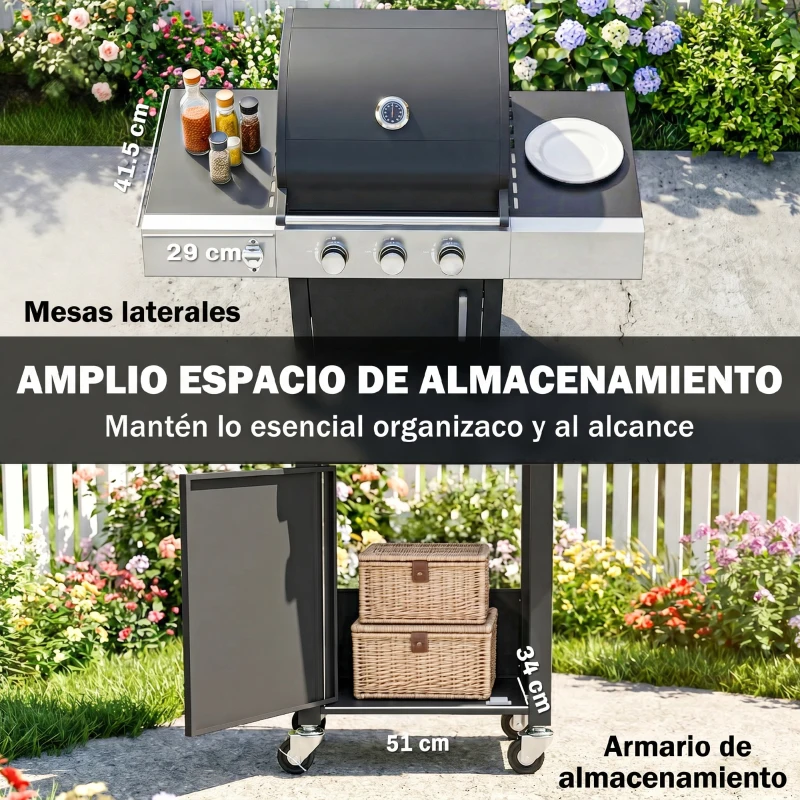 Outsunny Barbacoa de Gas con 3 Quemadores 8,1 kW Termómetro Parrillas Mesas Laterales Armario y Ruedas 109x50x109 cm Negro