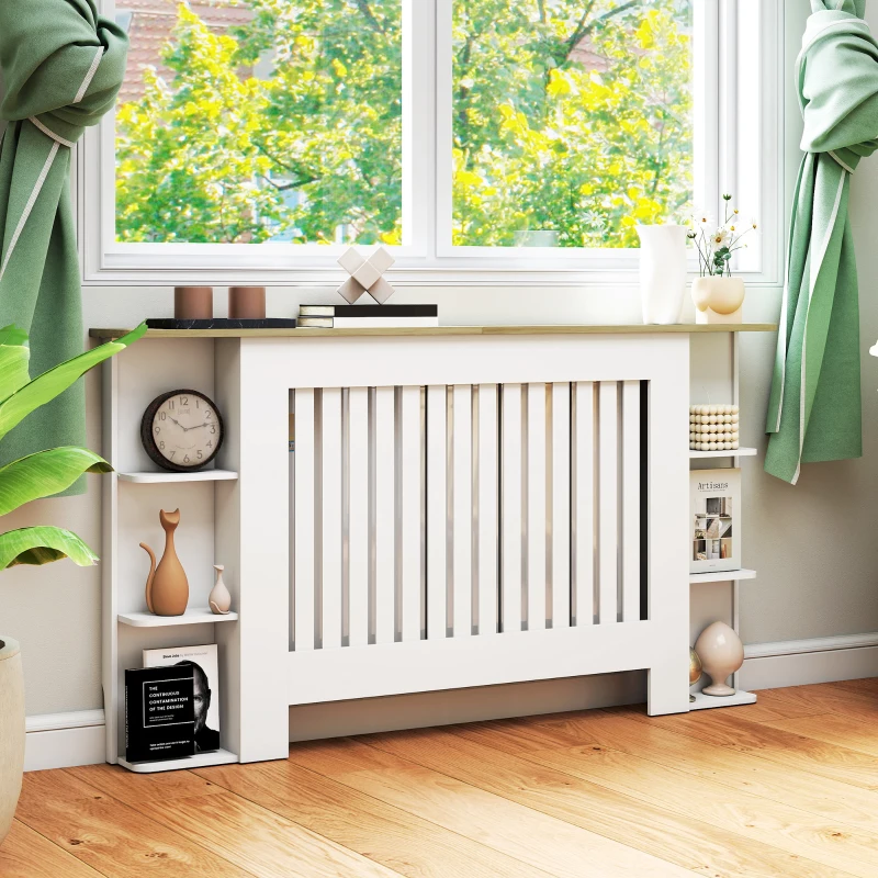 HOMCOM Cache-radiateur avec étagères de rangement ouvertes, couvercle de radiateur en bois à lattes, 152x19x83cm, blanc