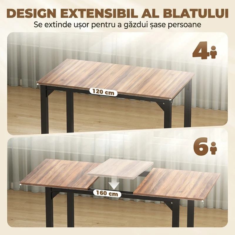 HOMCOM Set masă dining masă extensibilă 120-160 cm și 6 scaune, picioare din oțel, PAL, living, bucătărie, maro si negru