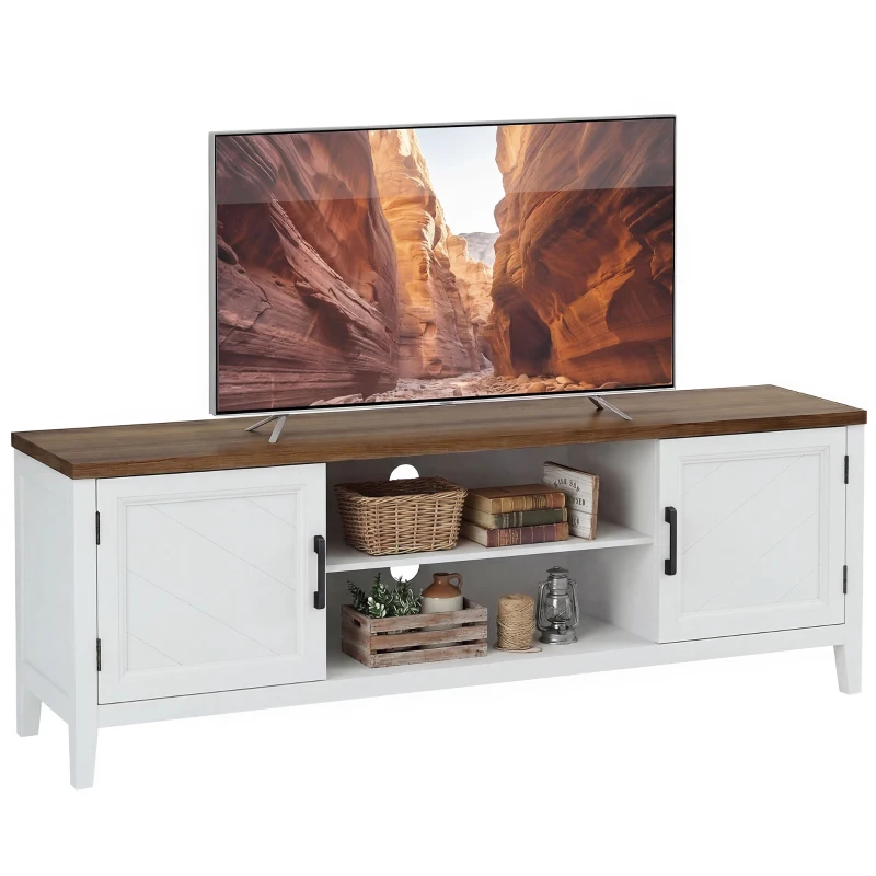HOMCOM Meuble TV 140 cm, meuble télé pour téléviseur jusqu'à 65 pouces avec 2 portes, 2 compartiments ouverts, blanc et marron