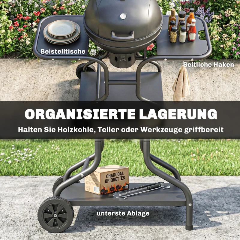 Outsunny Houtskoolbarbecue BBQ Smoker met zijtafels, dekselthermometer en wielen – 129 x 63,5 x 106,5 cm