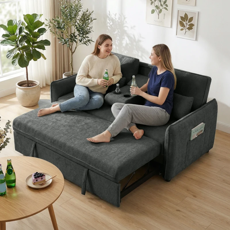HOMCOM 3 in 1 Divano Letto 2 Posti con Schienale Regolabile in 3 Posizioni con 2 Cuscini, in Ciniglia, Grigio Scuro