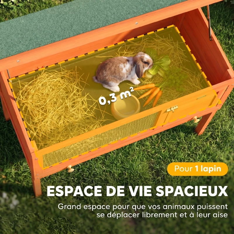 PawHut Clapier Lapin Extérieur en Bois, Toit Ouvrable en Asphalt et Plateau Coulissant, Design Surélevé, 90x45x65cm, Orange