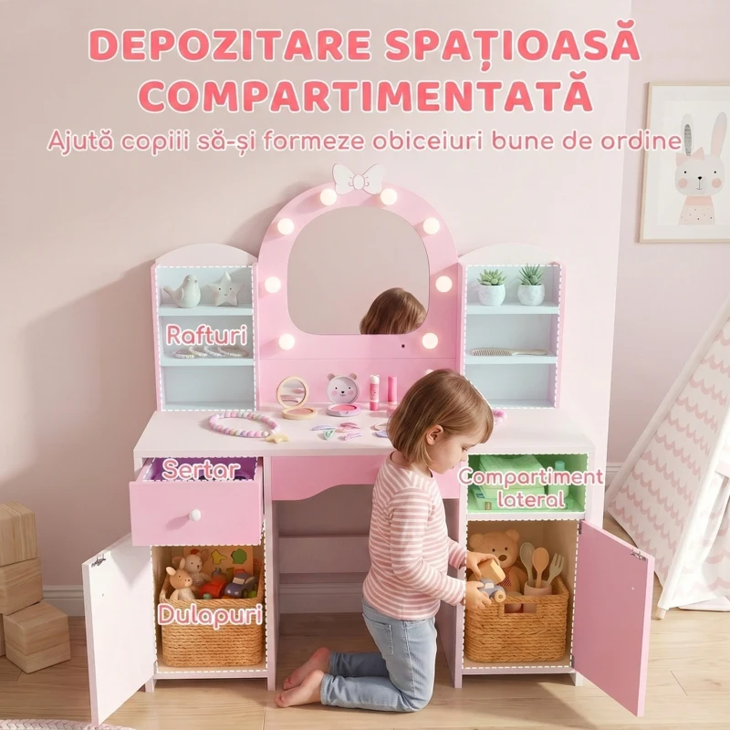 AIYAPLAY Set măsuță de toaletă pentru fetițe 2 în 1, cu taburet și oglindă, lumini în 2 culori, sertar și rafturi, roz