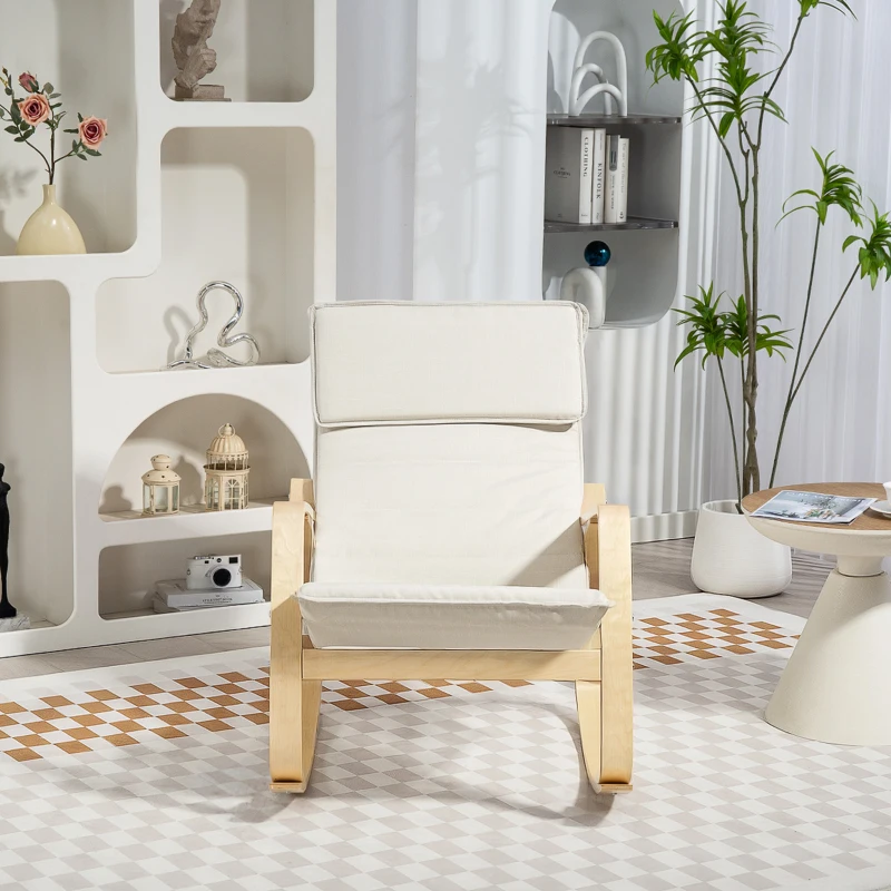 HOMCOM Comfortable Relax Rocking Chair, Upholstered Lounge Chair Recliner with High Back and Headrest for Living Room, Bedroom, Cream White
