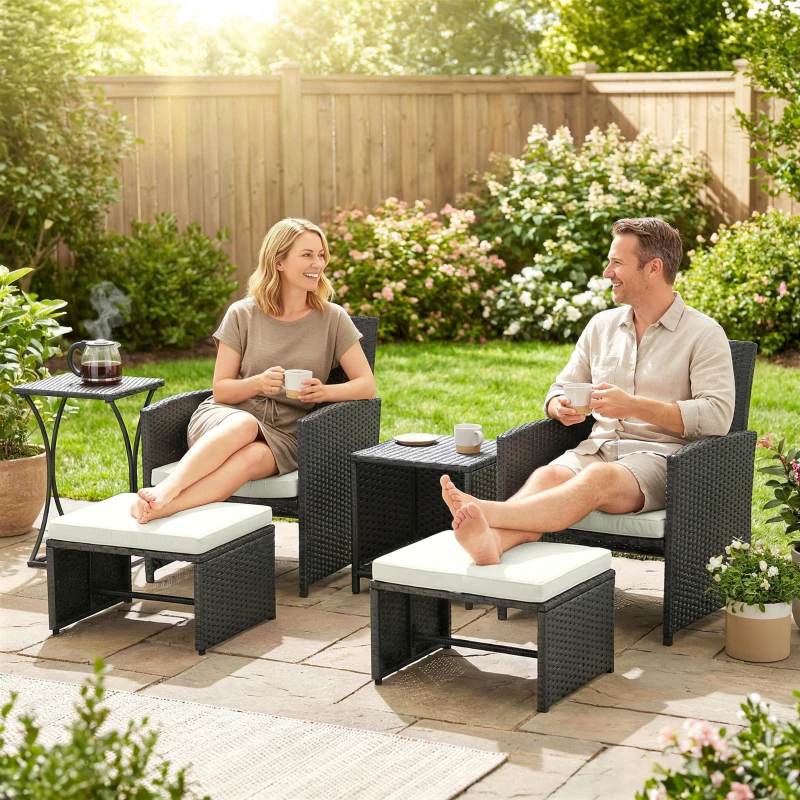 Outsunny 6 Piece Rattan Garden Furniture, Space-Saving Patio Furniture Set with Nesting Tables, Chairs, Stools, Cushions, Black