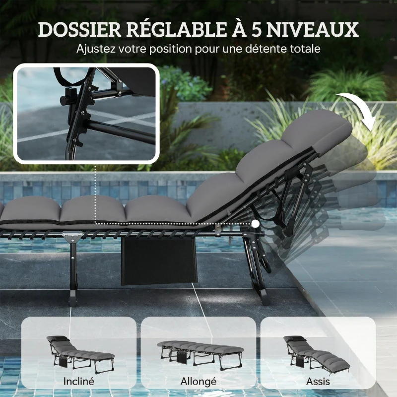 Outsunny Lot de 2 Bains de Soleil Transat de Jardin Matelas XXL 9cm Inclinable 180° Plat Pliable à 5 Positions 200x57x38cm Gris