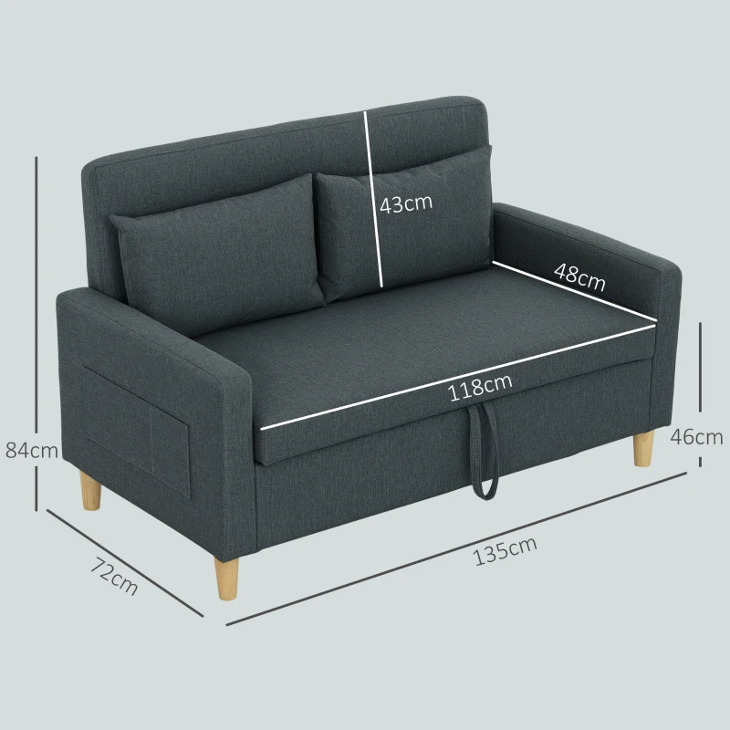 HOMCOM Canapea 2 locuri cu spațiu de depozitare și perne, din material textil cu efect de in și lemn, 135x72x84 cm, gri cărbune