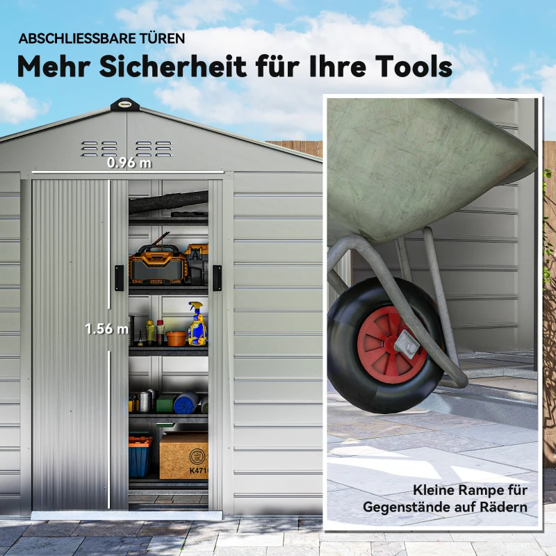 Outsunny 2,43 m² tuinschuur, 213 x 131 x 192 cm, tuinschuur met zadeldak, afsluitbare schuifdeur, weerbestendig, Grijs
