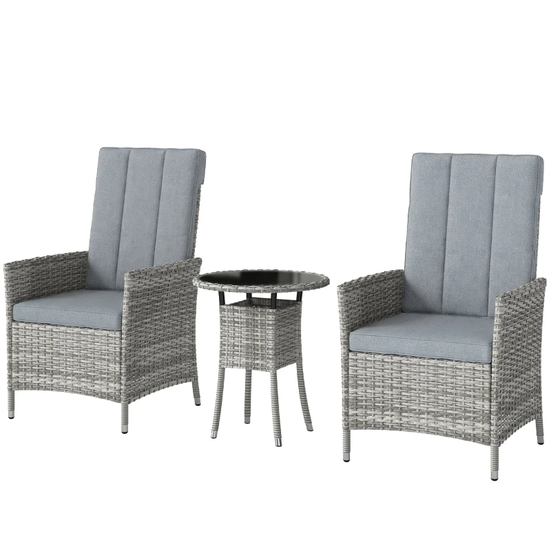 Outsunny Rattan Bistro Set, Reclining Garden Chairs and Glass Coffee Table with Cushions for Patio Balcony Porch, Light Grey