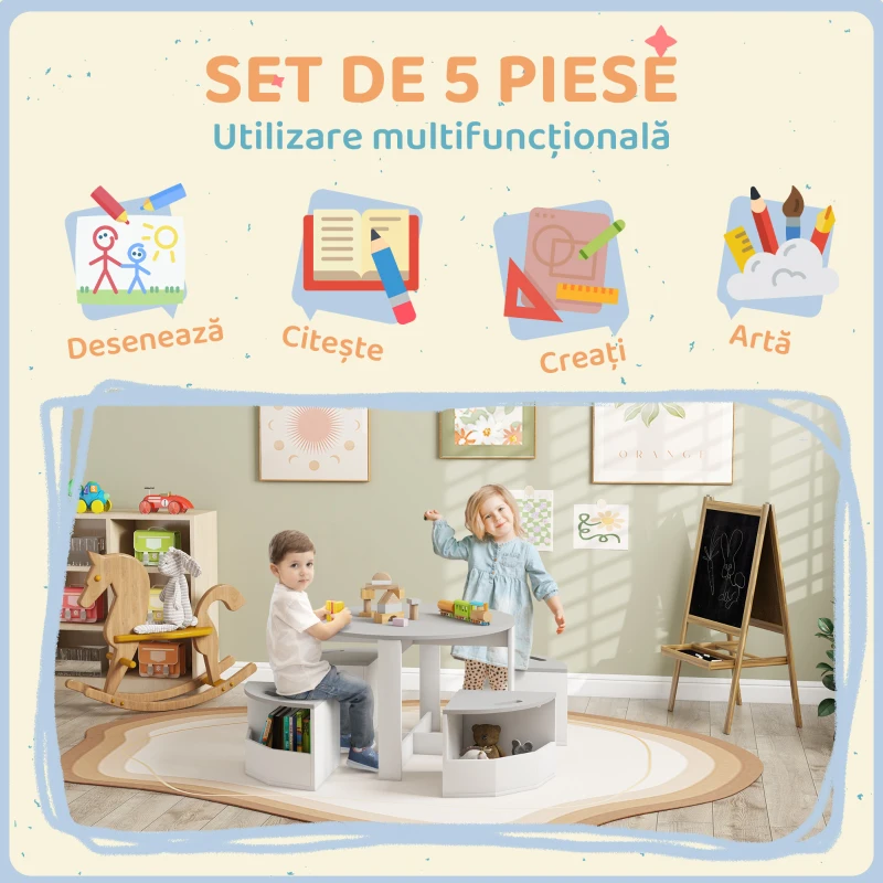 AIYAPLAY Set cu masă pentru copii și 4 taburete compacte cu spațiu de depozitare din lemn, gri