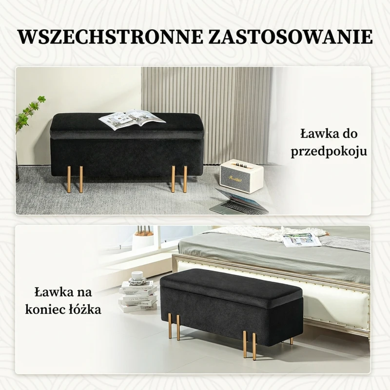 HOMCOM Ławka tapicerowana z miejscem do przechowywania, Metal, Drewno kauczukowe, Pianka, 100 x 40 x 42 cm, Czarny