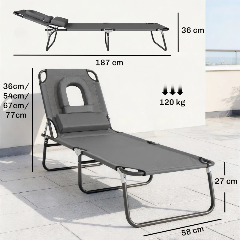 Outsunny Bain de Soleil Pliable transat inclinable 4 Positions Chaise Longue 3 Coussins fournis Gris
