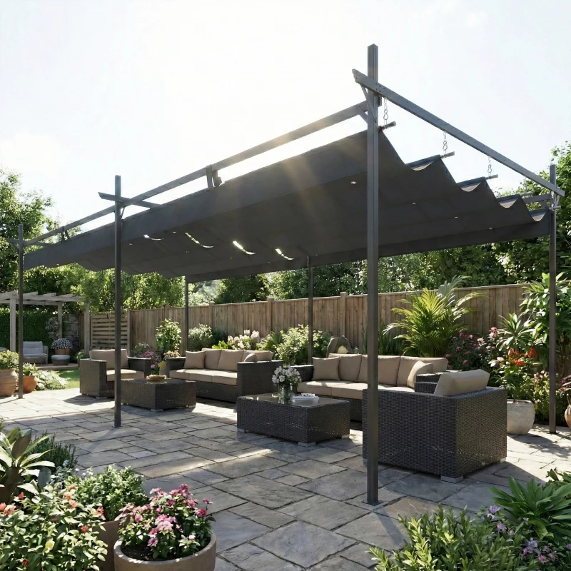 Outsunny Pérgola de Jardín 6x3 m Gazebo con Techo Retráctil de Poliéster Resistente a los Rayos UV Gris Oscuro