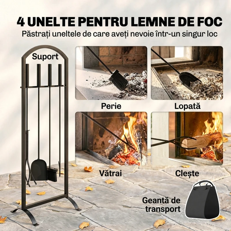Outsunny Set pentru Șemineu din Metal, 6 Piese, cu Geantă, Perie, Lopățică, Vătrai, Clește și Suport, Negru
