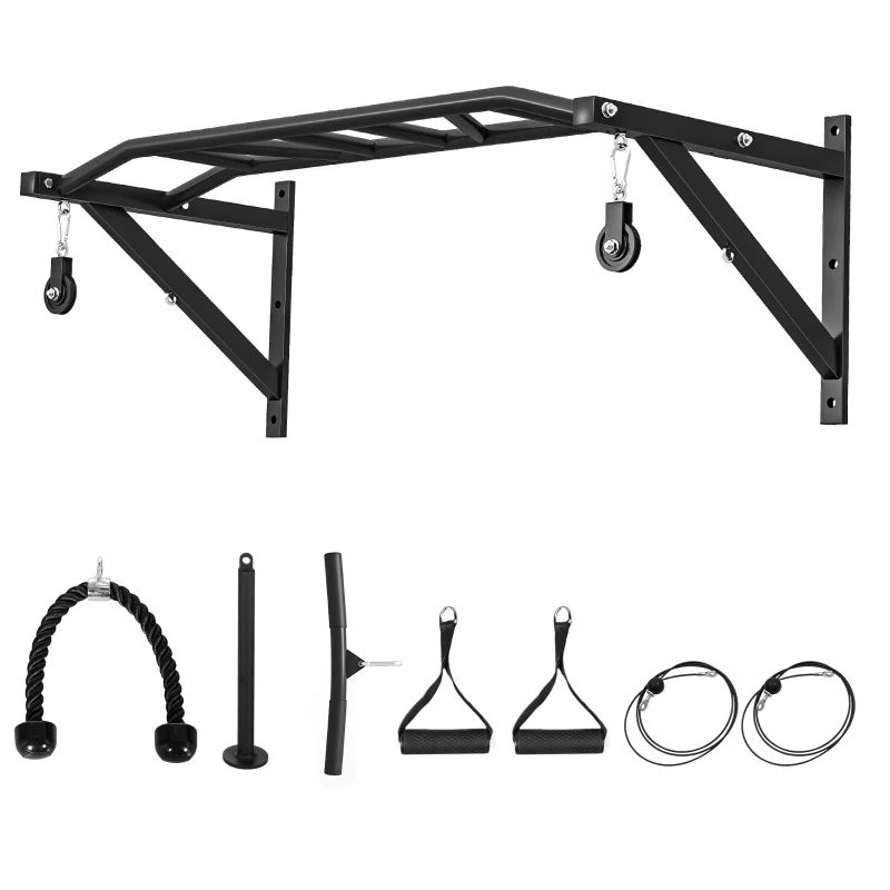 SPORTNOW Barre de traction murale barre de fitness multi-prise système de poulie à câble charge 200kg, acier 126x60x45,5cm, noir