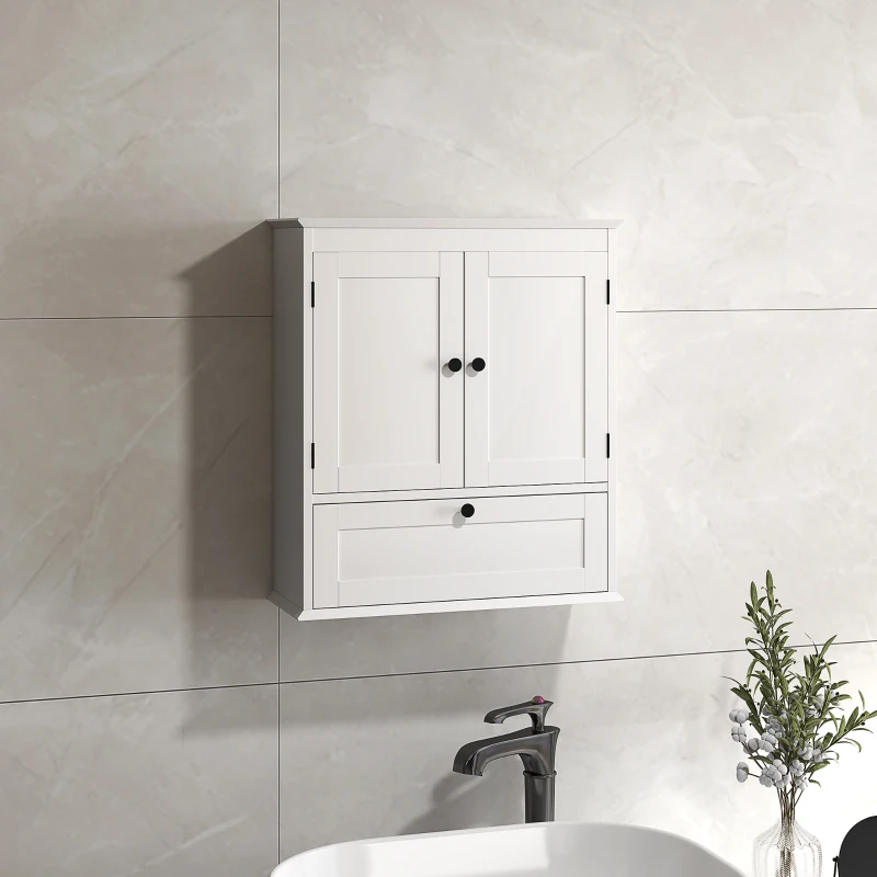HOMCOM Bathroom Wall Cabinet with Adjustable Shelf and Recessed Doors, White