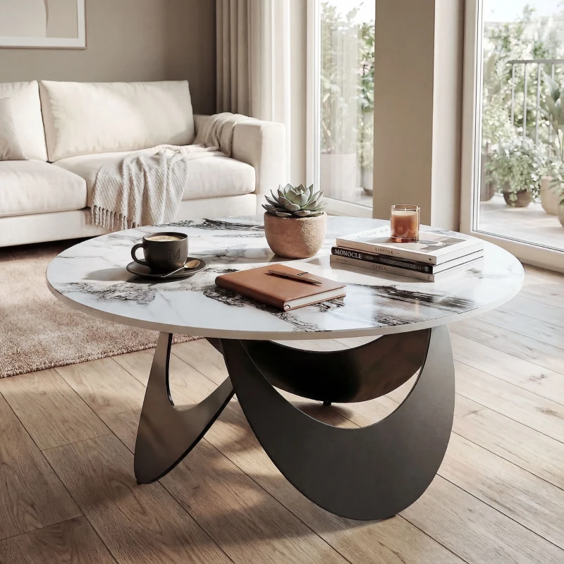 HOMCOM Coffee Table Sintered Stone Top Adjustable Foot Pads Modern Centre Table for Living Room White and Black