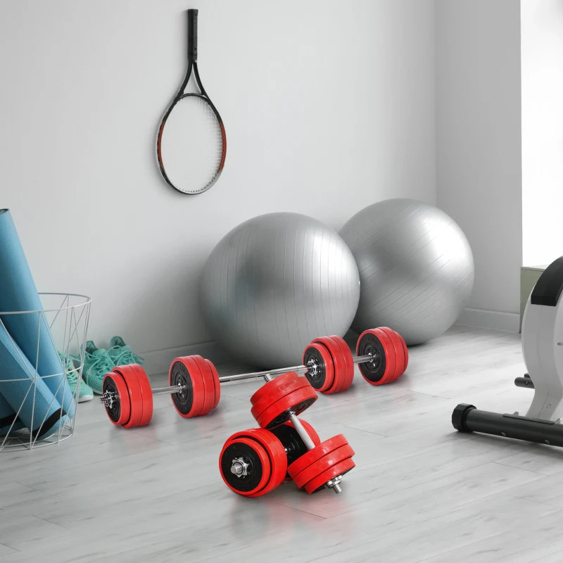 HOMCOM Juego de Mancuernas 30 kg Ajustables 2 en 1 con 12 Discos 2 Barras y Biela Ajustable para Entrenamiento de Fuerza Levantamiento de Pesas Hogar Gimnasio Oficina Negro y Rojo