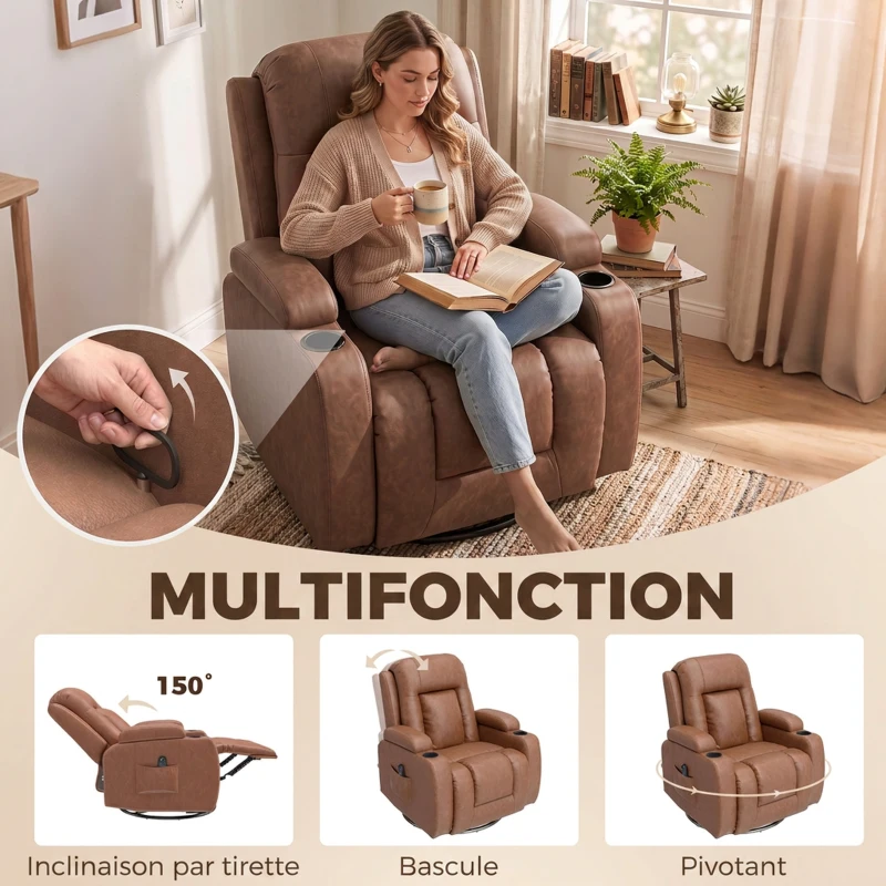 HOMCOM Fauteuil Inclinable de Massage et Chauffage, Fauteuil de Relaxation, Dossier Réglable, Pivotant, 82x99x103cm, Marron