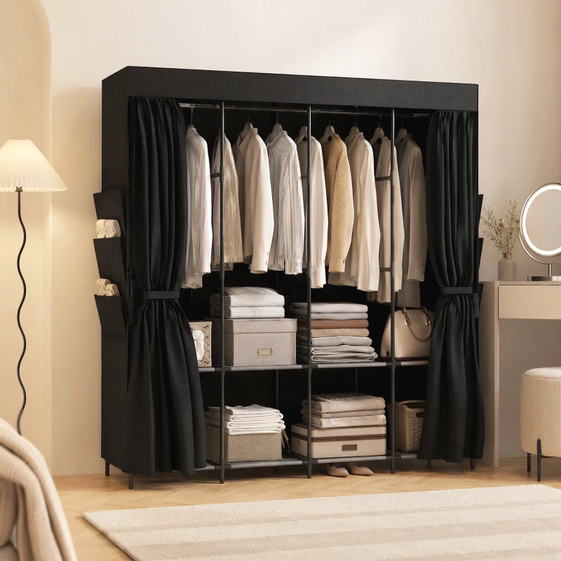 HOMCOM Dulap Textil Compact cu 5 Bare, 4 Rafturi, 6 Buzunare Laterale, Uși Antipraf cu Fermoar, Negru