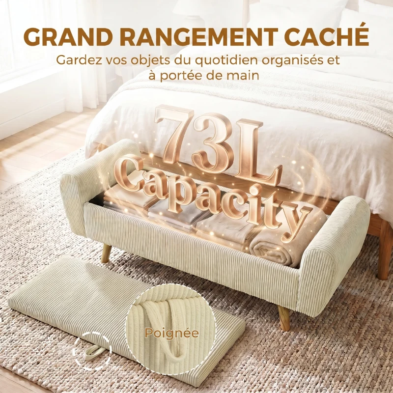 HOMCOM Banc de rangement 73 L, coffre de rangement rembourré en velours côtelé avec accoudoirs et pieds en bois d'hévéa, beige