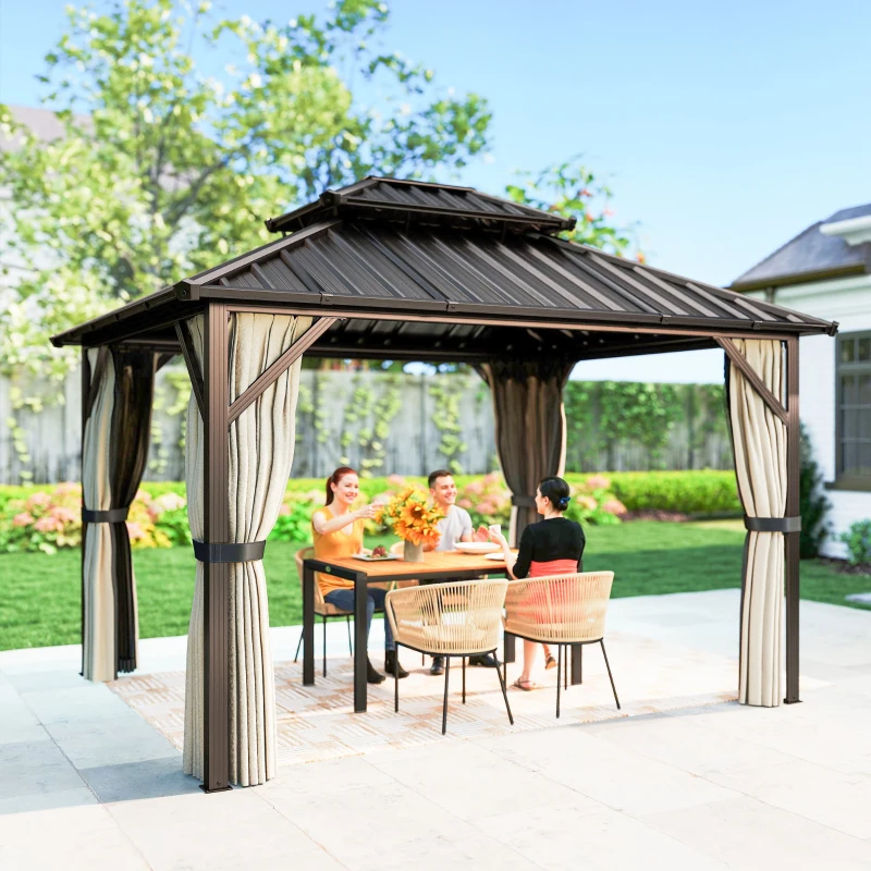 Outsunny 3x3.6 m Hardtop Gazebo Canopy with UPF50+ Double Galvanised Steel Roof, Aluminium Garden Gazebo Permanent Pavilion, Brown