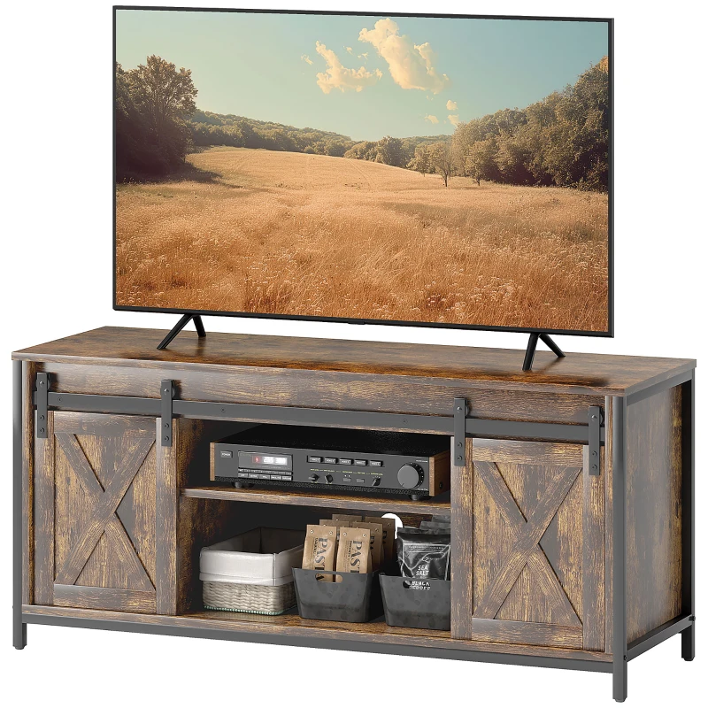 HOMCOM TV-lowboard, industrieel design, voor tv's tot 152,4 cm, 6 vakken, 2 schuifdeuren, bruin/zwart(m-10)