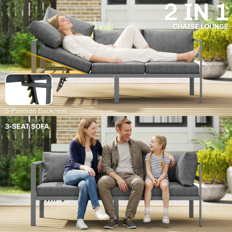 Outsunny 3 Pieces Garden Furniture Set, Aluminium Corner Lounge Set with Adjustable Backrest and Coffee Table