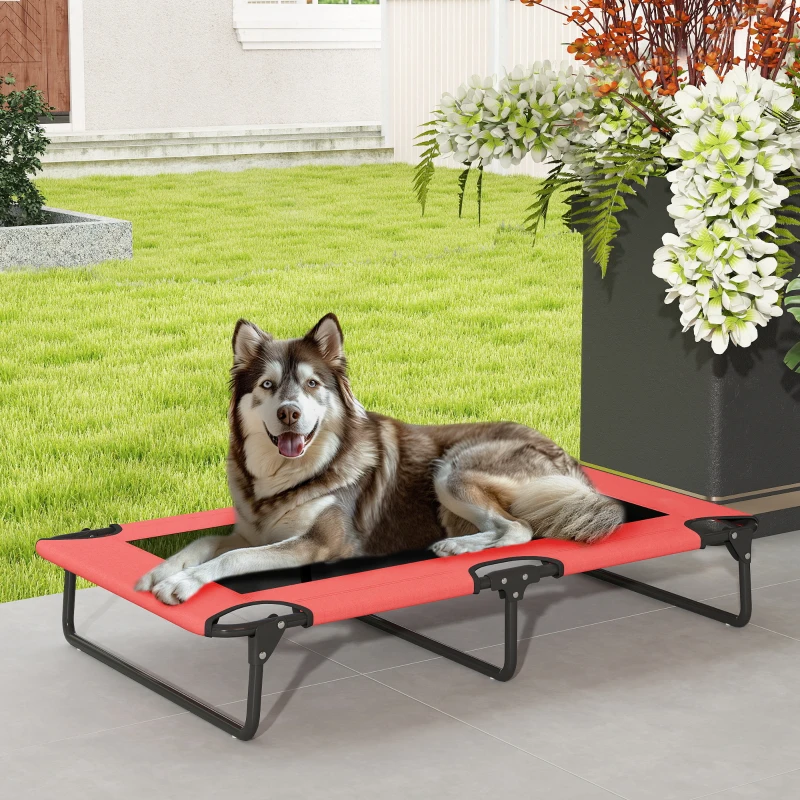 PawHut Portable Raised Dog Bed, Elevated Pet Cot with Breathable Mesh for Indoor Outdoor, for Large Dogs, Red