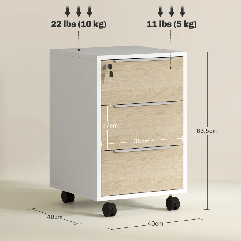 HOMCOM Mueble Archivador con Ruedas 3 Cajones Cerradura y 2 Llaves para Estudio Salón 40x40x63,5 cm Blanco y Roble