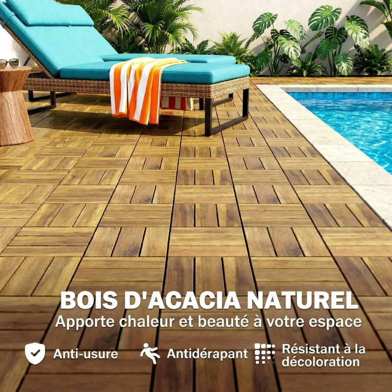 Outsunny Lot de 10 Caillebotis en Bois, Dalles Clipsables, Antidérapant, Résistants à Pourriture, Dalle Terrasse 31x31cm, Naturel