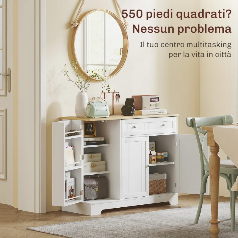 HOMCOM Credenza Moderna con Spazio di Archiviazione, Mobile Buffet con Cassetto, Ripiani Regolabili, Piccola Dispensa da Cucina con Ripiani Porta, Bianco