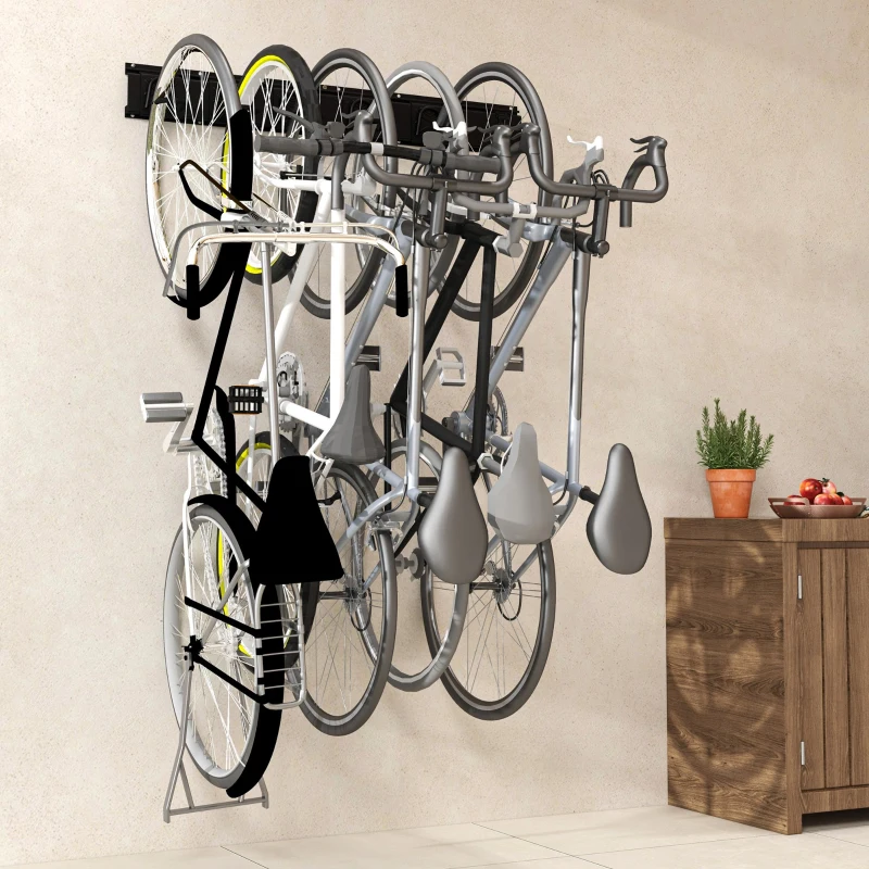 SPORTNOW Support mural pour vélos, rangement 5 vélos et 3 casques, crochets de rangement réglables, porte-vélos, 121,5 x 10 cm