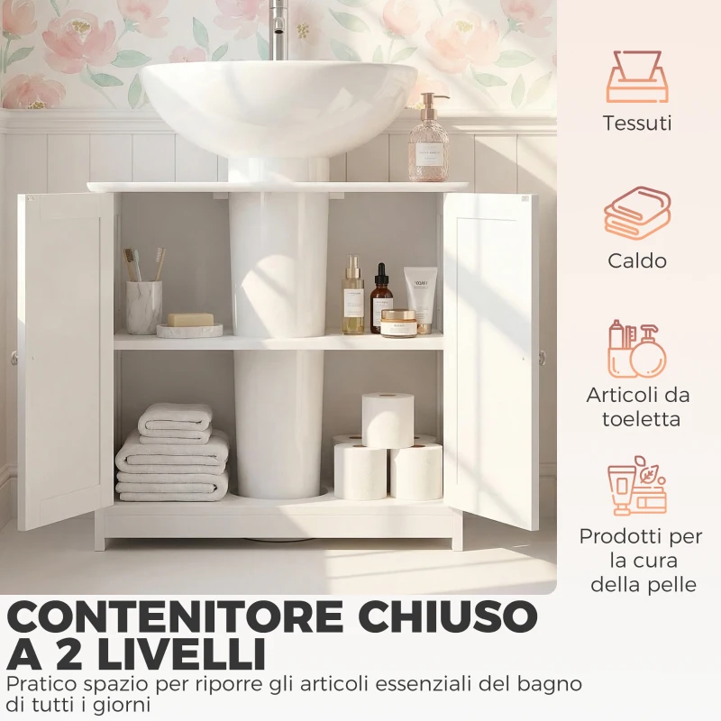 kleankin Mobile Sottolavabo a 2 Ante con Ripiano Regolabile e Intaglio a U, 60x30x60 cm, Bianco