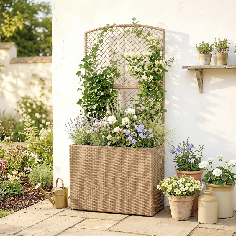 Outsunny Rattan Planter with Trellis, Raised Beds for Garden with Liner for Climbing Plants Vegetables Flowers, Light Grey