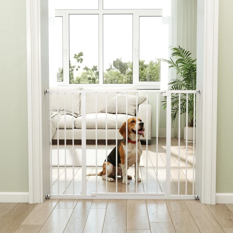 PawHut Barrera de Seguridad Extensible para Puertas y Escaleras para Perros y Bebé, Barrera para Mascotas, Ajuste a Presión, Apertura con Una Sola Mano, 2 Extensiones 15/10 cm, 76-107x76 cm, Blanco