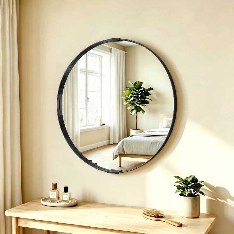 HOMCOM Round Wall Mirror 61 cm, Wall Mounted Bathroom Mirror with Tempered Safety Glass and Aluminium Alloy Frame, Black