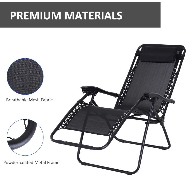 Outsunny Zero Gravity Chair Set of 2, Metal Frame Texteline Armchair Outdoor Folding and Reclining Sun Lounger with Head Pillow for Patio Decking Gardens Camping, Black