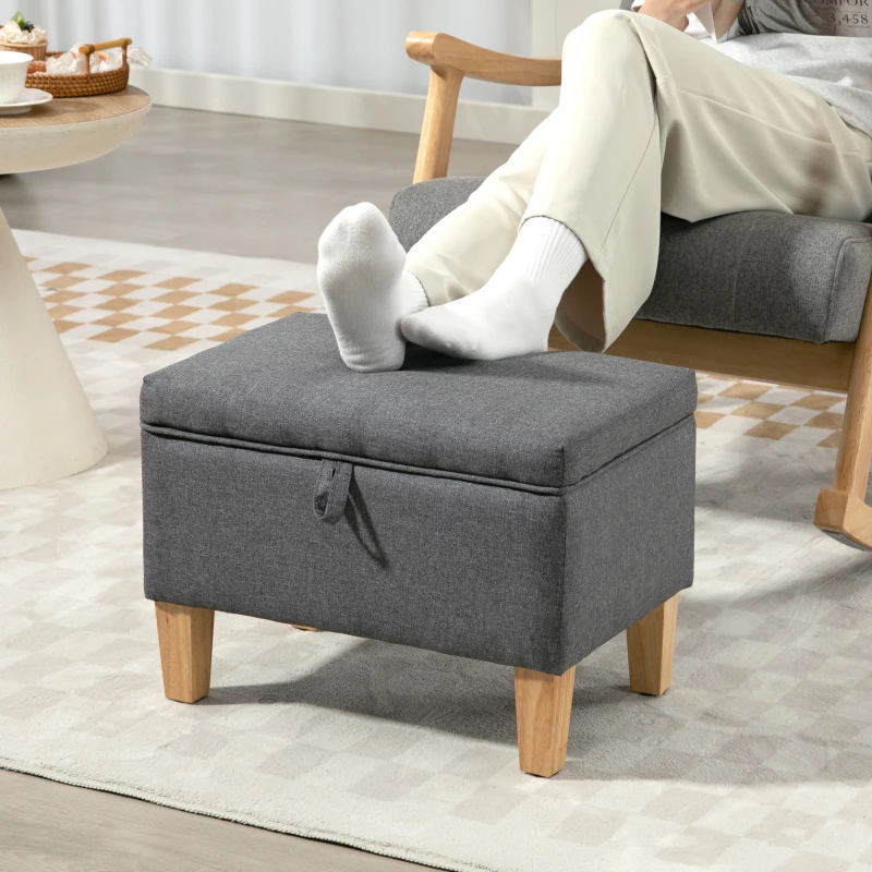 HOMCOM 16L Linen Storage Ottoman Padded Footstool with Rubberwood Legs for Storage Box, Bed End, Shoe Bench, Seating, Charcoal Grey
