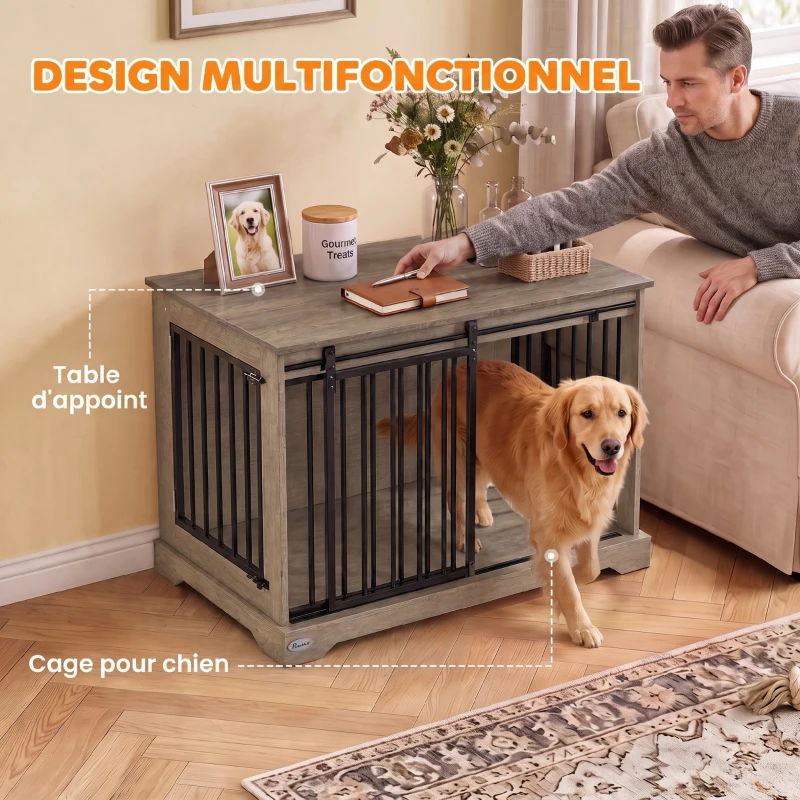 PawHut Cage pour Chien en Bois et Acier avec Porte Coulissante, Table d'Appoint, Niche Moderne, 100x60x68cm, Gris-Marron Clair