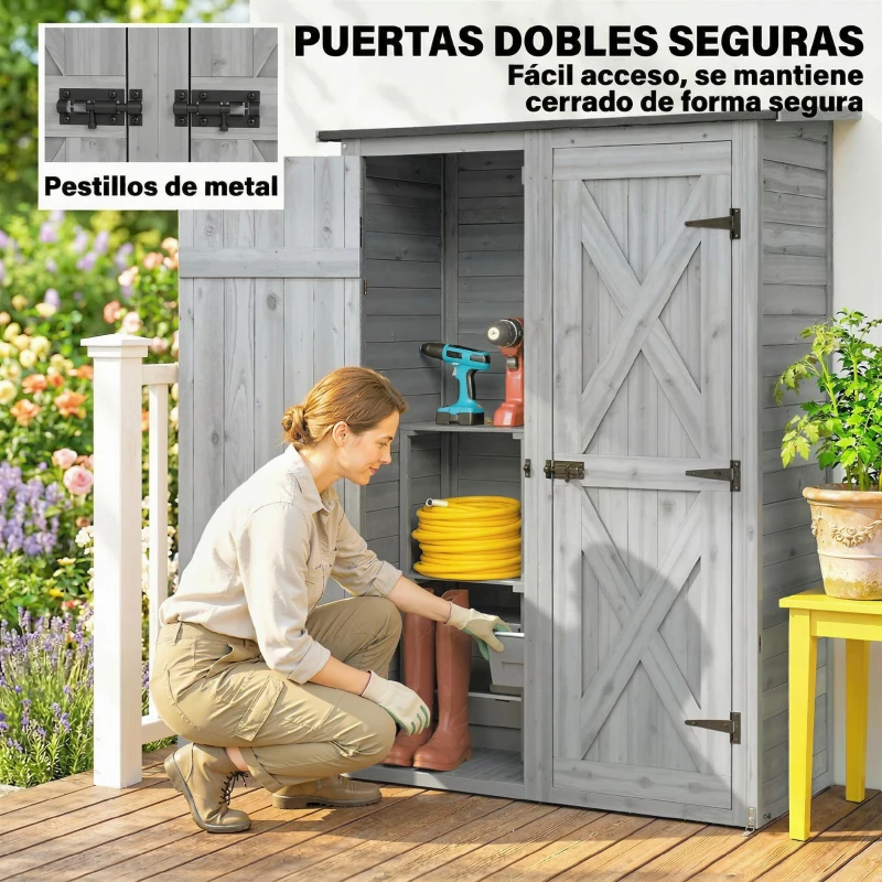 Outsunny Caseta de Jardín de Madera 115x53x156 cm Armario para Herramientas con Puertas Dobles y Estantes Techo Inclinado Gris