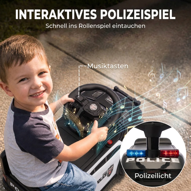 AIYAPLAY Rutschauto Kinder Polizei Rutschfahrzeug mit Musik Licht Anti-Kipp-Schutz & Stauraum unter dem Sitz 18-36 Monate Schwarz